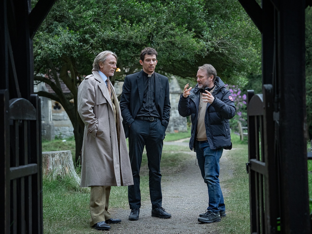 Josh O'Connor, Daniel Craig and Rian Johnson on the set of 'Wake Up Dead Man: A Knives Out Mystery' (2025) | Image: Netflix