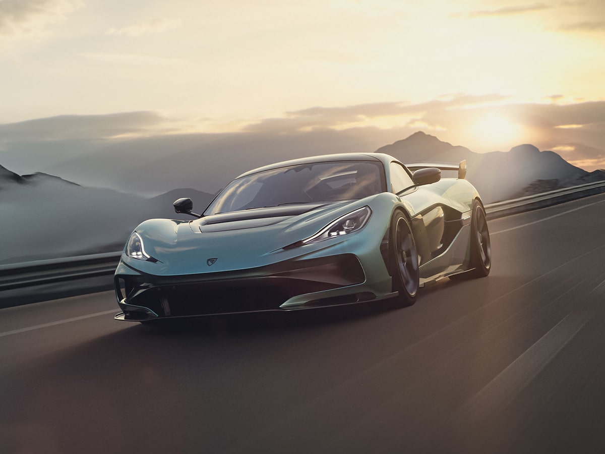 Rimac nevera r front end on road