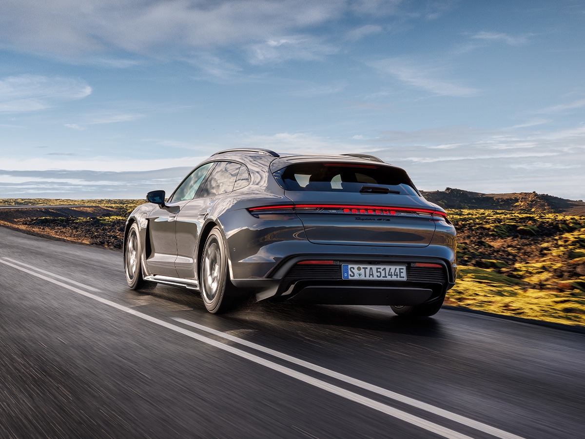 2025 porsche taycan gts sport turismo rear end on road