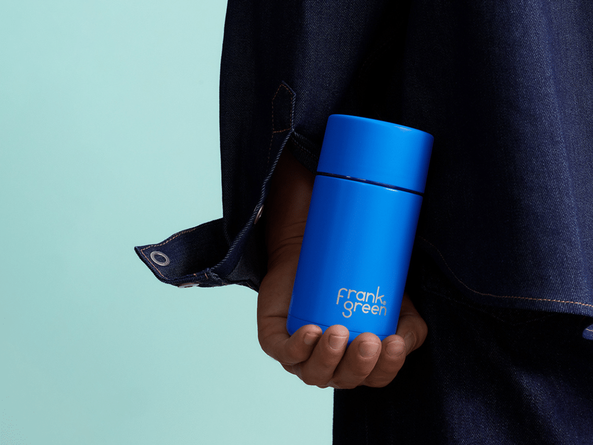 Ceramic Reusable Cup with Push Button Lid in Blue Lagoon | Image: frank green