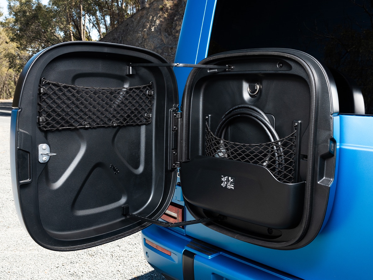 Mercedes benz g 580 with eq technology charging box on rear tailgate