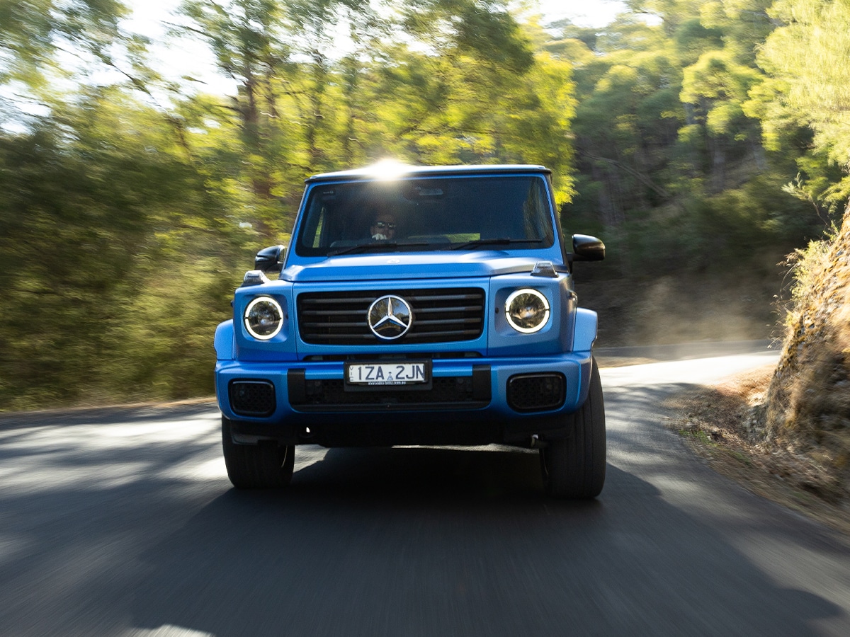 Mercedes benz g 580 with eq technology front end on road