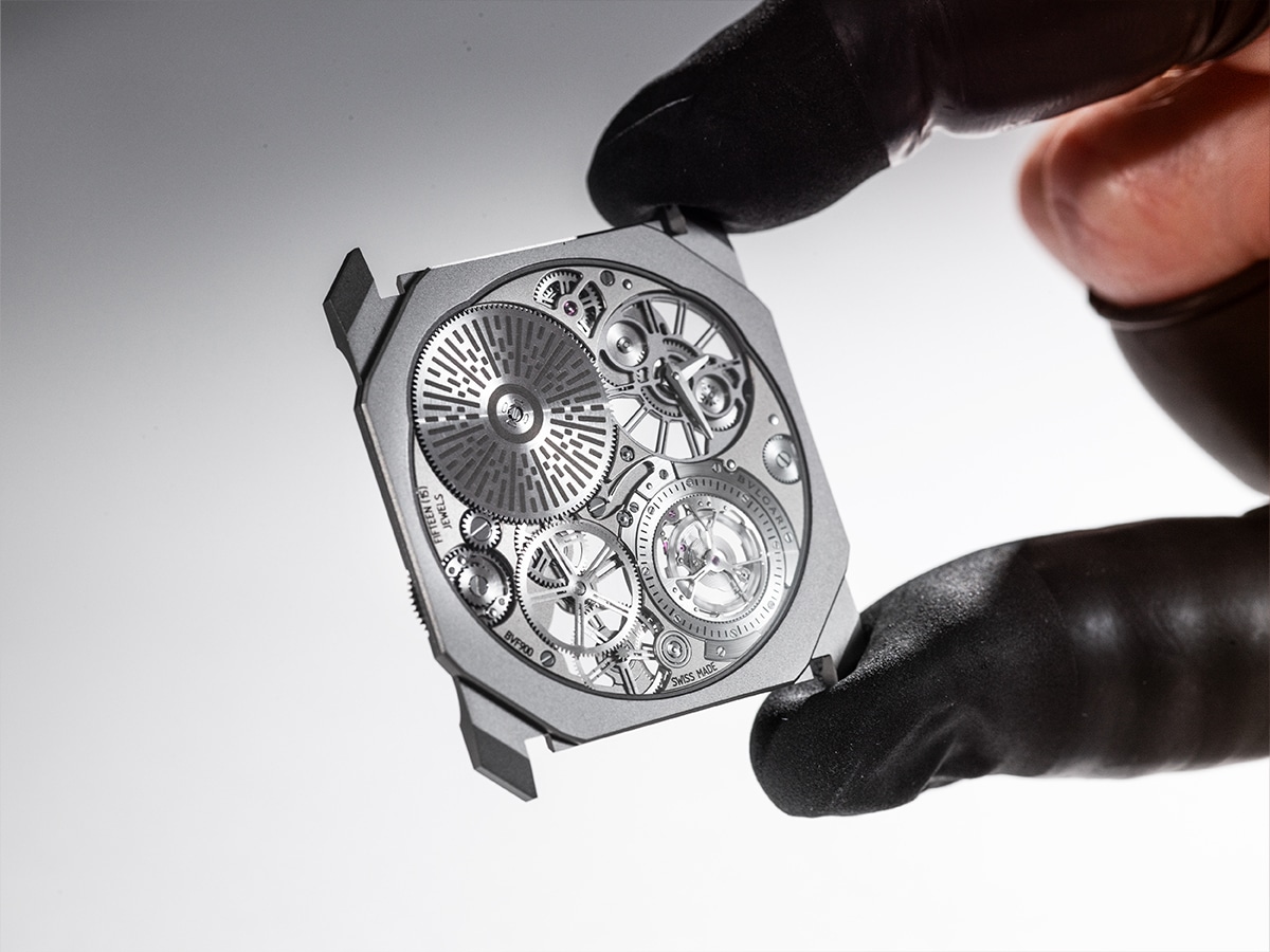 Bvlgari octo finissimo ultra tourbillon dial in hand