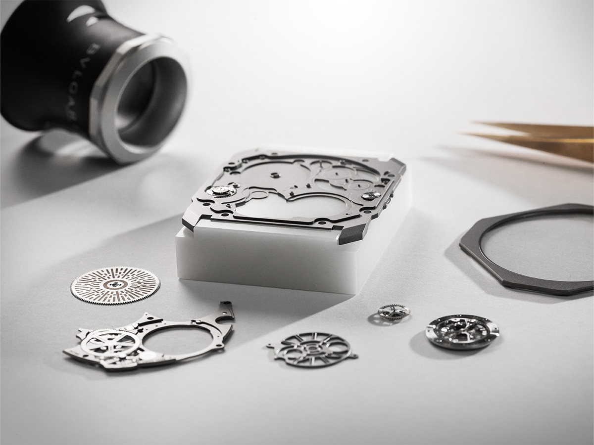 Bvlgari octo finissimo ultra tourbillon watch broken down into its parts