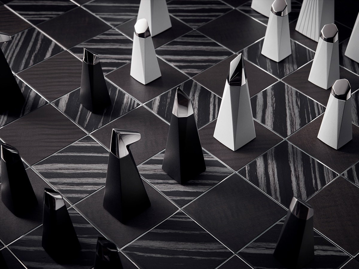Rolls royce chess set pieces on board