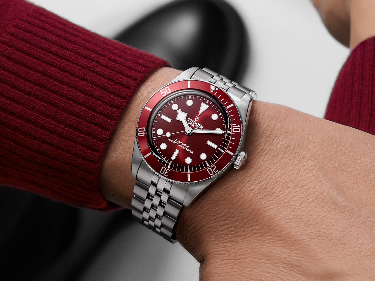 Tudor black bay 58 in burgundy on wrist