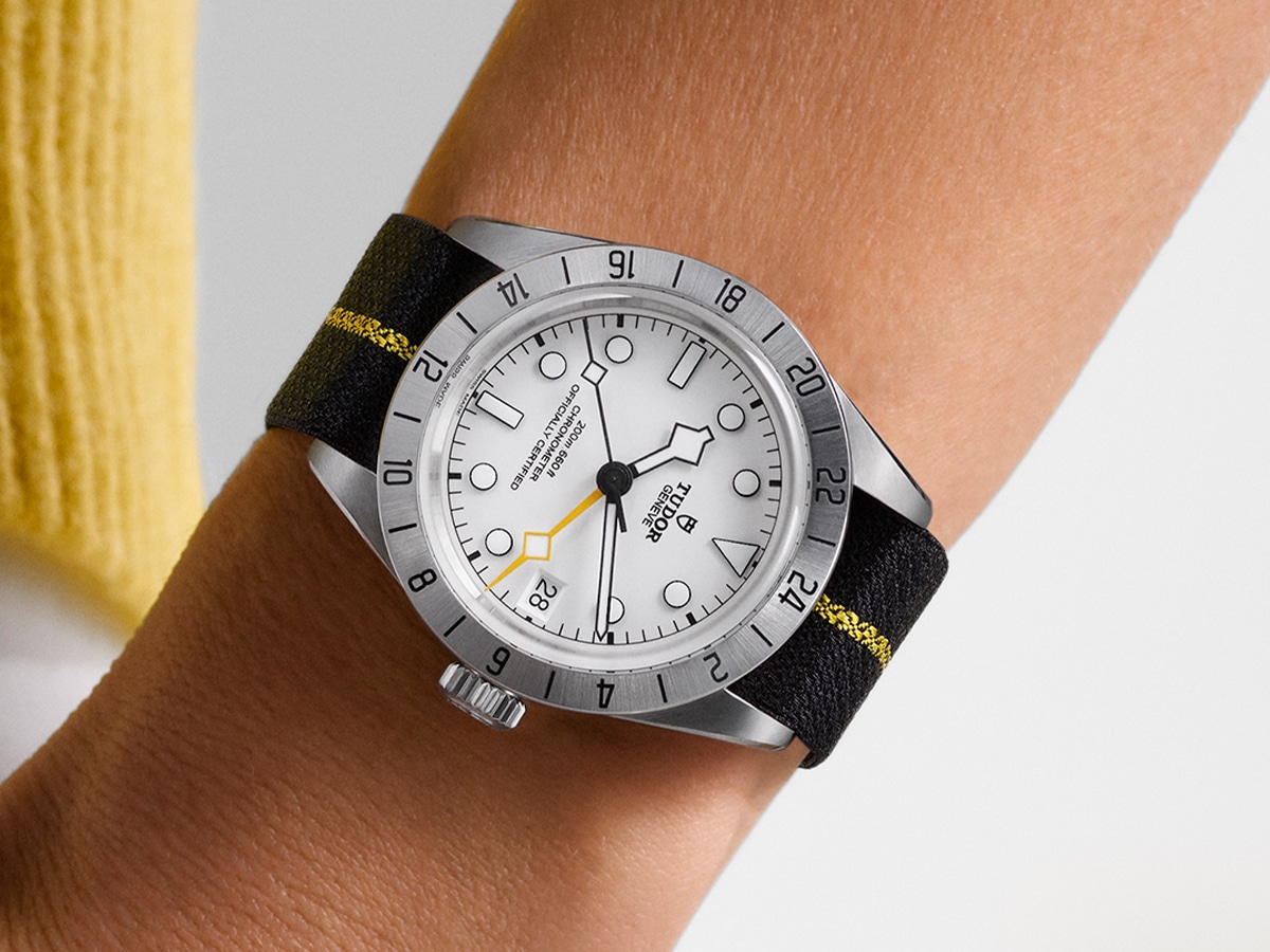 Tudor black bay pro on wrist with fabric strap