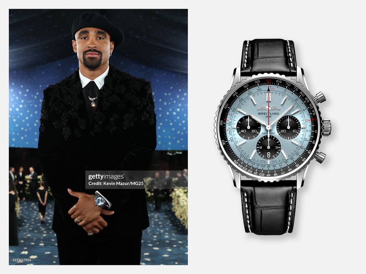 Jalen Hurts wearing the Breitling Navitimer B01 Chronograph 43 Ref. AB0138241C1P1 | Image: Kevin Mazur/Getty Images