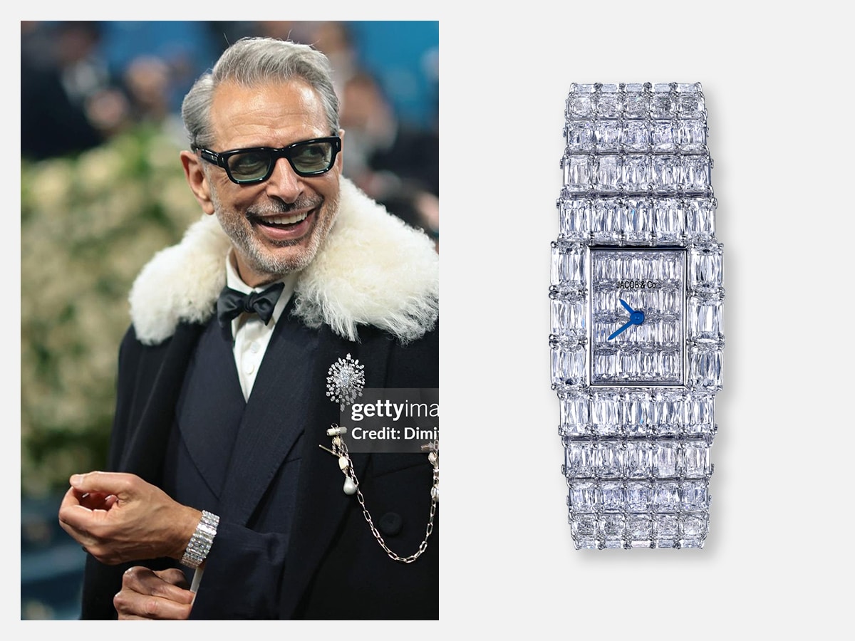 Jeff Goldblum wearing the Jacob & Co. Ashoka Boutique Watch at the 2025 Met Gala | Image: Dimitrios Kambouris/Getty Images