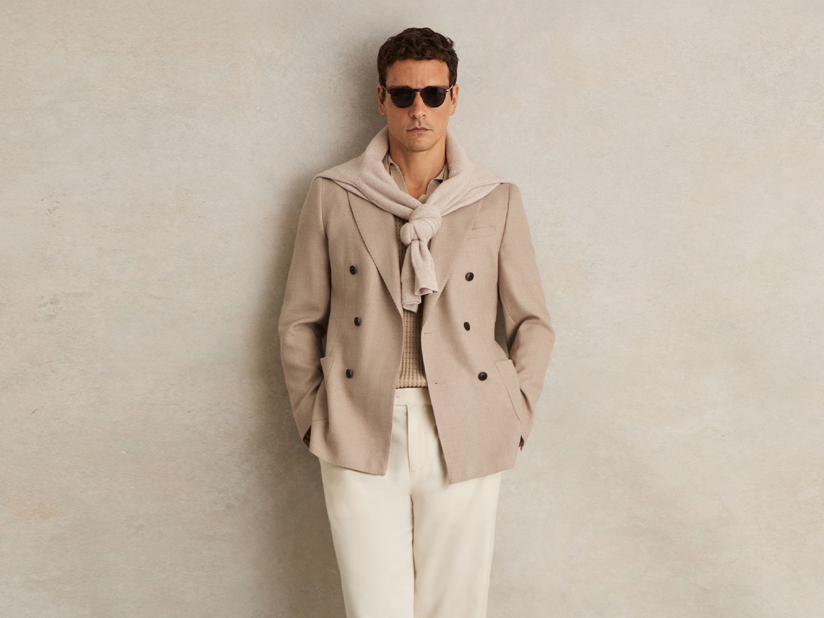 Reiss venus slim fit wool blend double breasted suit blazer in oatmeal brown