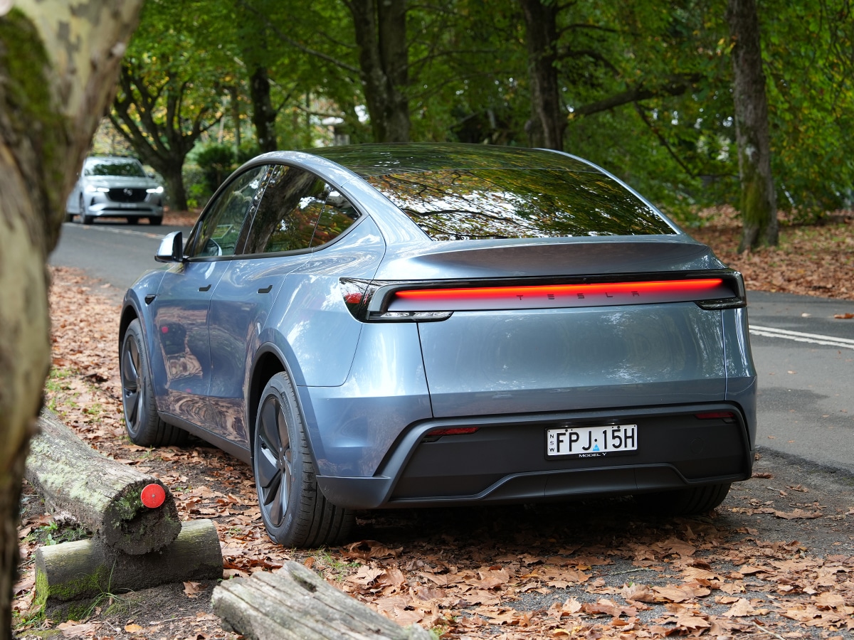 Tesla model y review rear three quarter