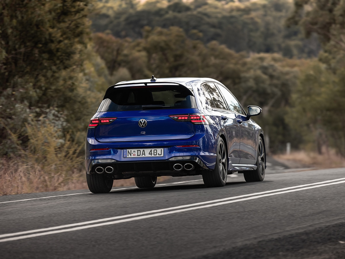2025 golf r in lapiz blue on road rear end