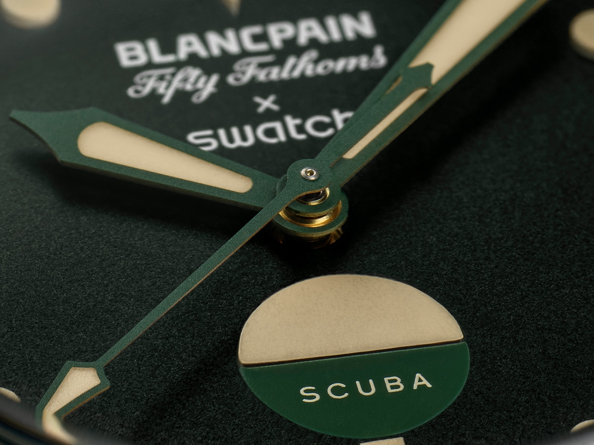 Blancpain x swatch bioceramic scuba fifty fathoms 'green abyss' dial close up
