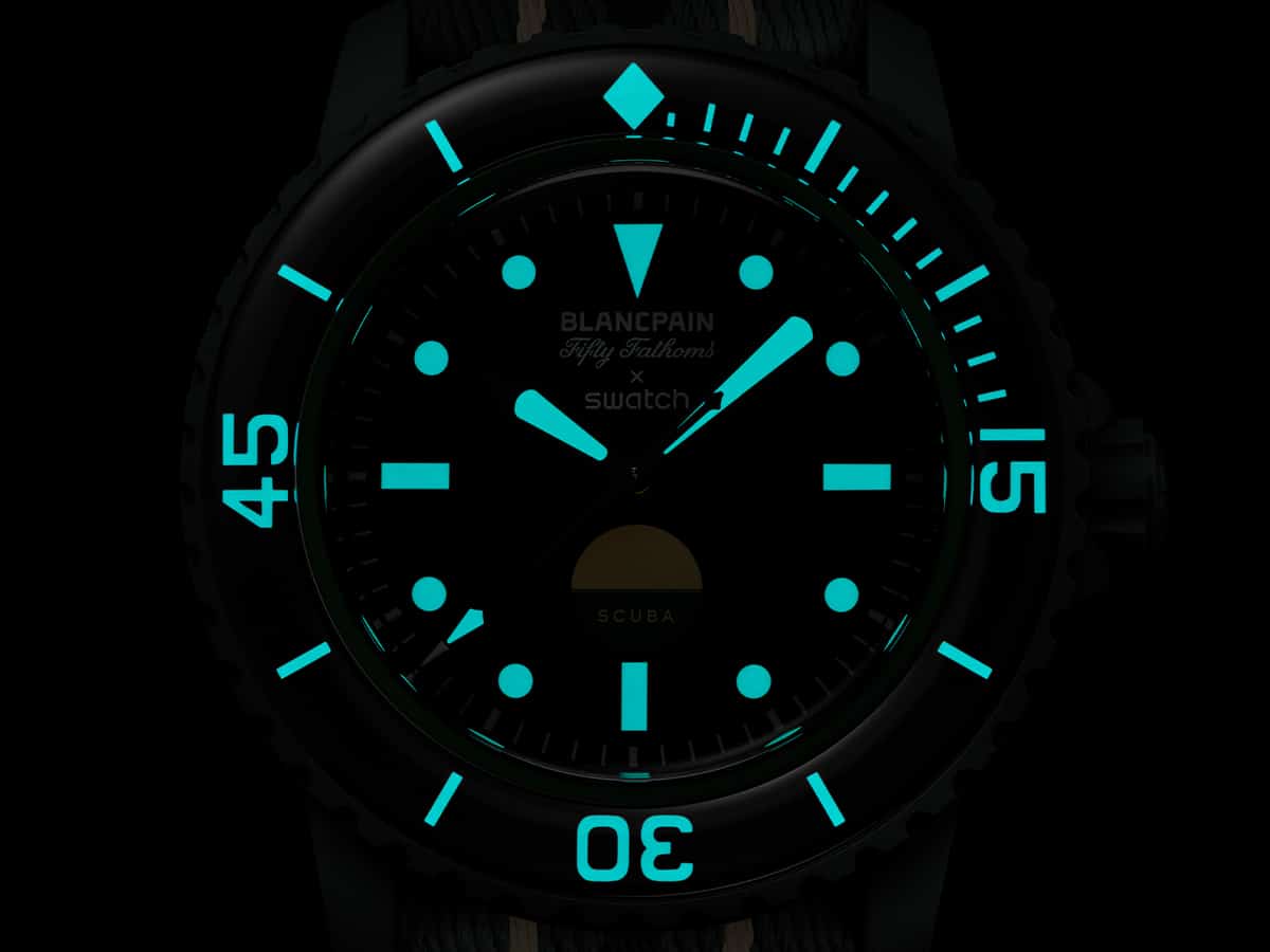 Blancpain x swatch bioceramic scuba fifty fathoms 'green abyss' glow in the dark