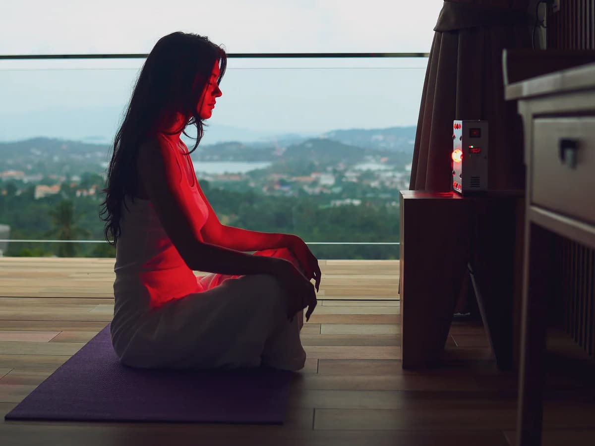 Woman in a meditative pose on a yoga mat, bathed in red light from a compact light therapy panel placed on a table, with a scenic outdoor view in the background
