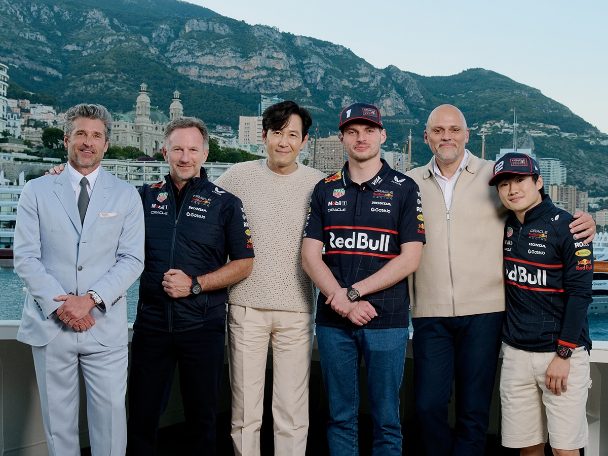 Patrick Dempsey, Christian Horner, Lee Jung-jae, Max Verstappen, Antoine Pin, Yuki Tsunoda at the 2025 Formula 1 Monaco Grand Prix | Image: TAG Heuer