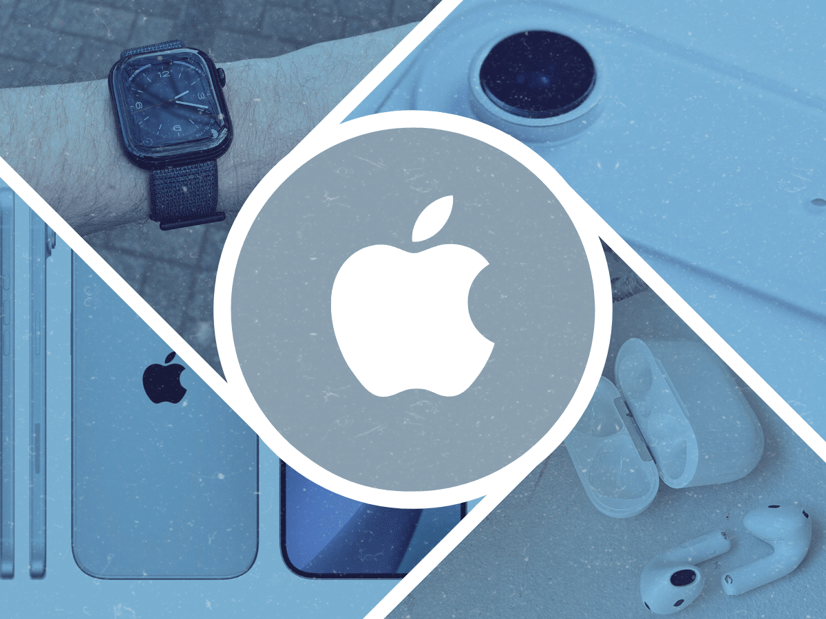 Apple logo centred overlaid on images of an Apple Watch, iPhone, AirPods, and camera lens, in a blue-toned collage.