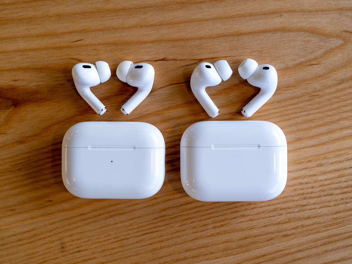 Apple airpods pro 3 next to airpods pro 2 out of case 2