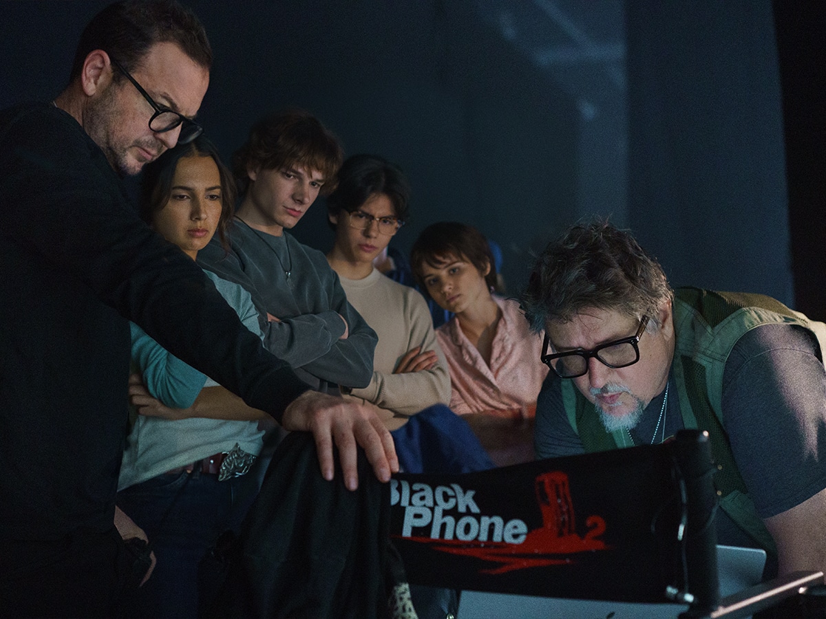 Executive Producer Jason Blumenfeld, Arianna Rivas, Mason Thames, Miguel Mora, Madeleine McGraw and Director Scott Derrickson on the set of 'Black Phone 2' | Image: Sabrina Lantos/Universal Pictures and Blumhouse