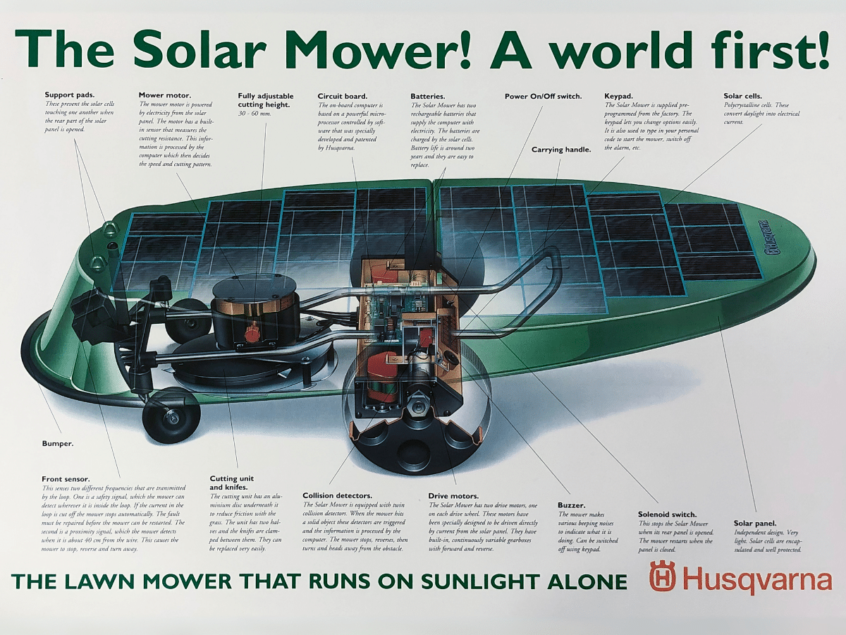 One of the first advertising brochures for Husqvarna's robotic lawnmower, Solar Mower, in 1995. | Image: My News Desk
