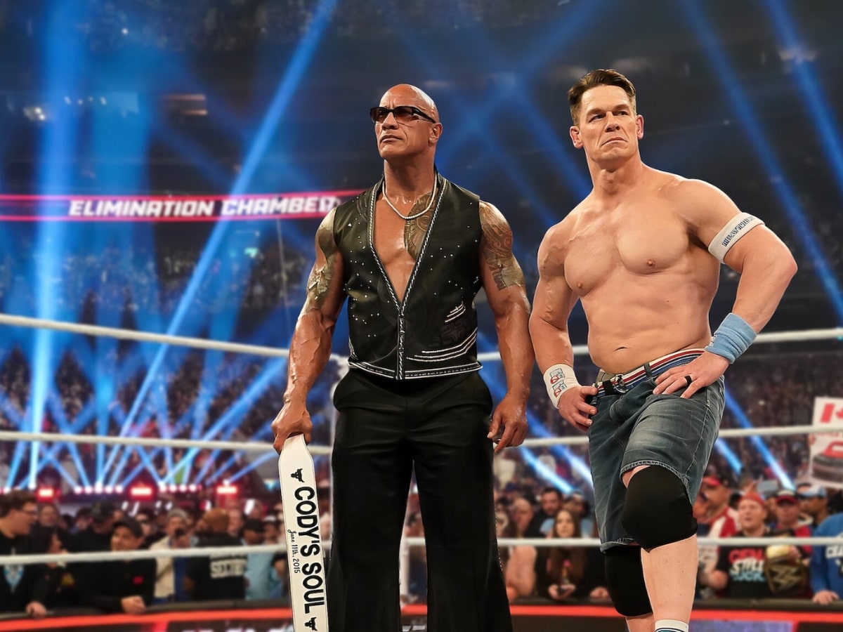 Two wrestlers stand confidently in a brightly lit arena, one holding a white chair, with a large crowd in the background.