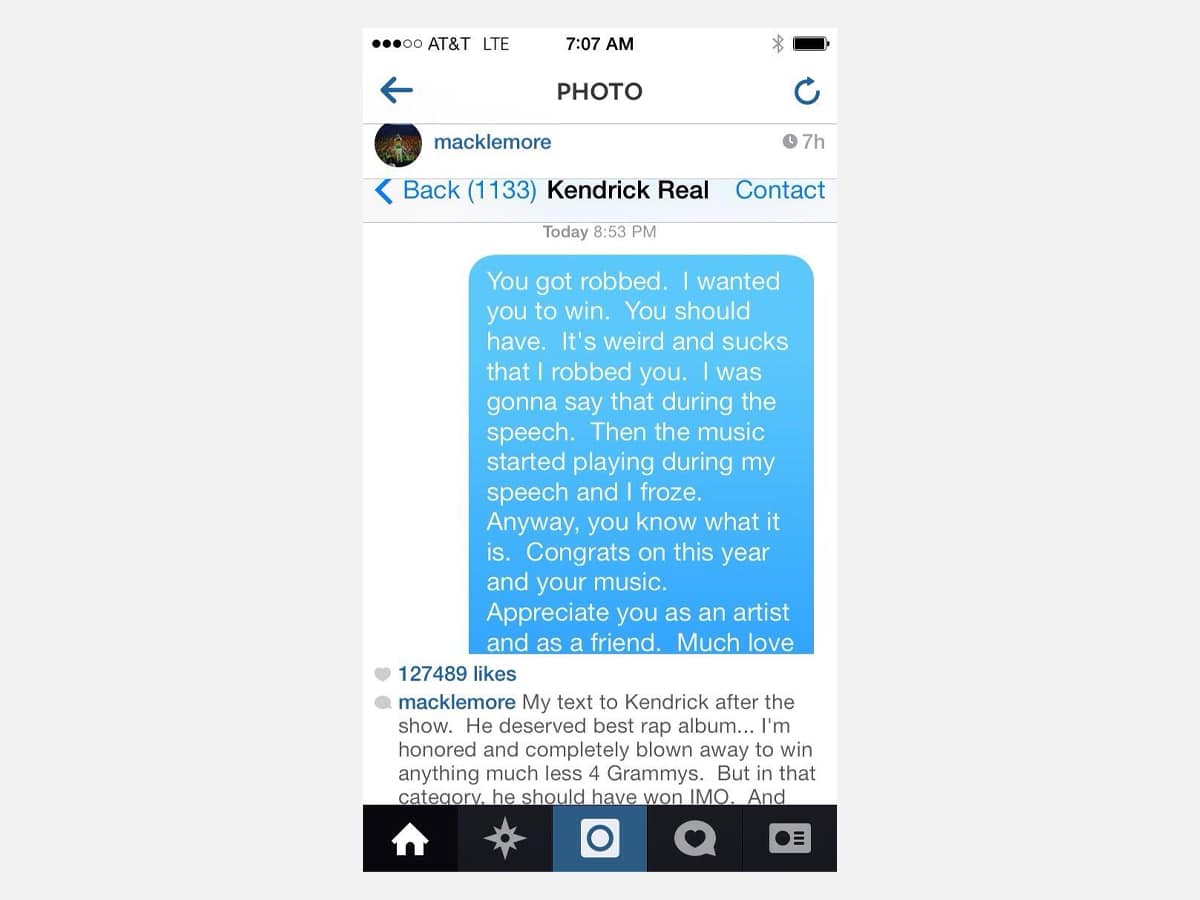Macklemore text to kendrick lamar