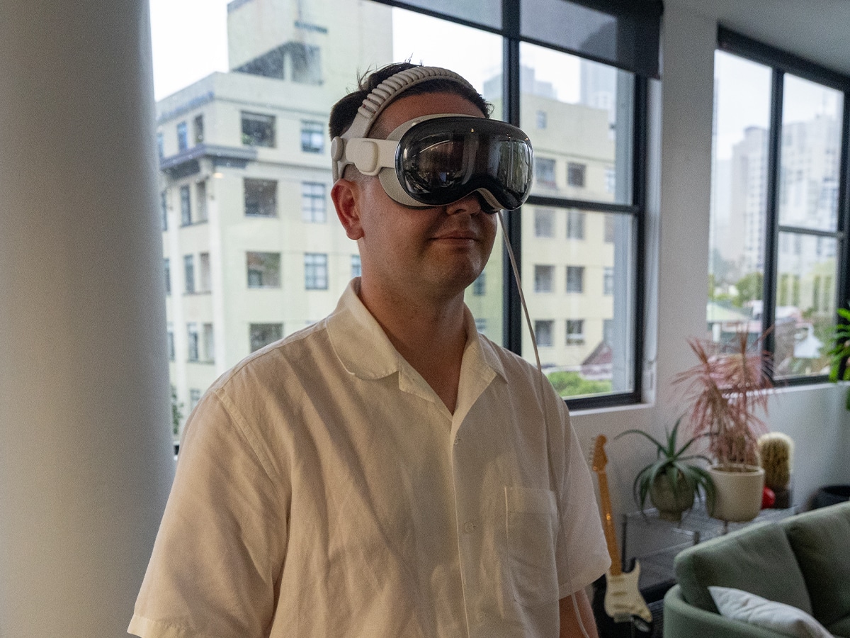 Apple vision pro on head 2