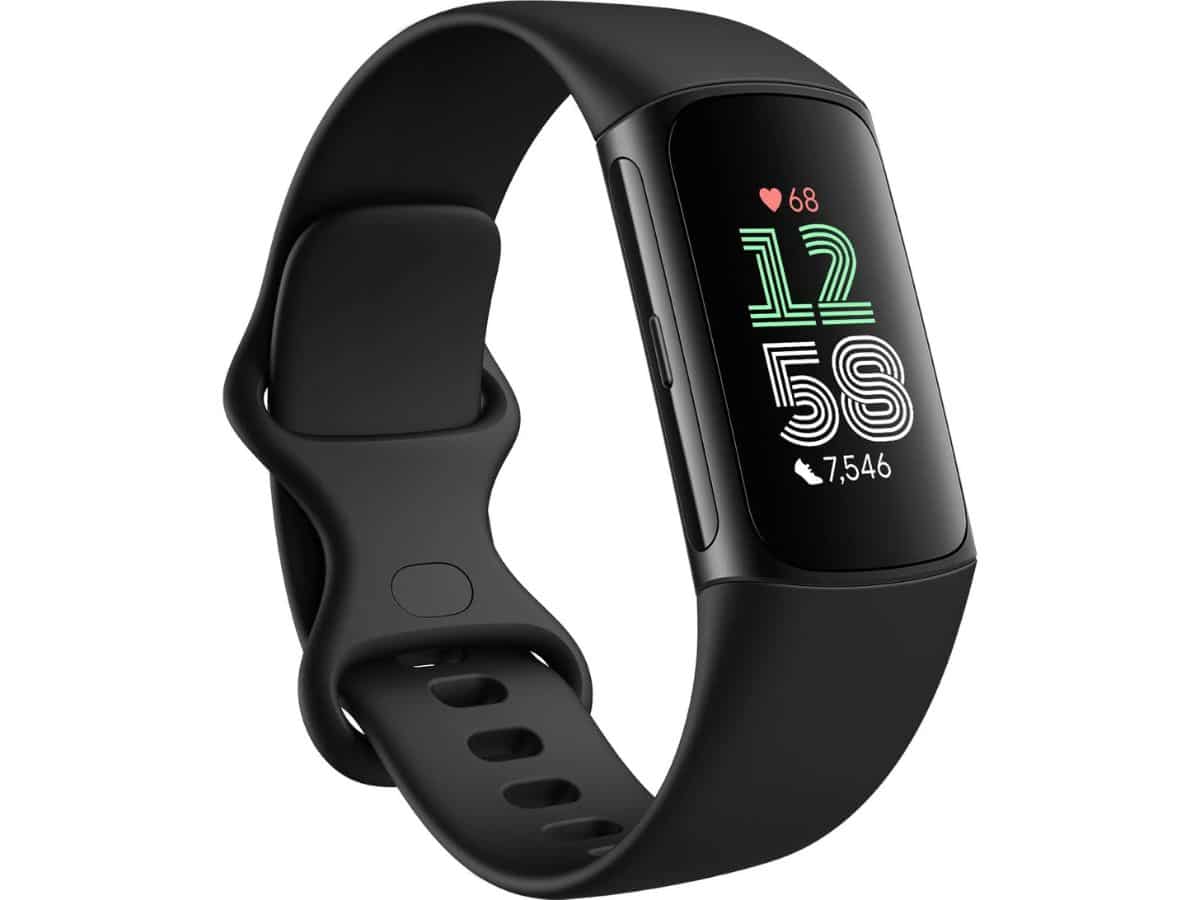 A FitBit Charge 6 fitness tracker worn on a wrist, displaying the main heart rate and step counter dashboard.