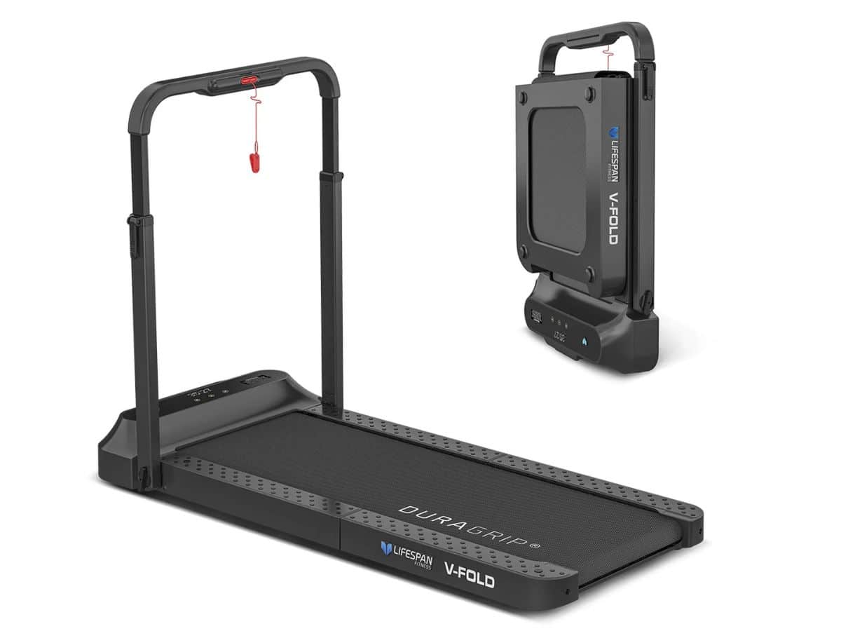 A compact Lifespan Fitness V-Fold treadmill, illustrating its patented folding mechanism which allows it to fit under a bed or sofa.