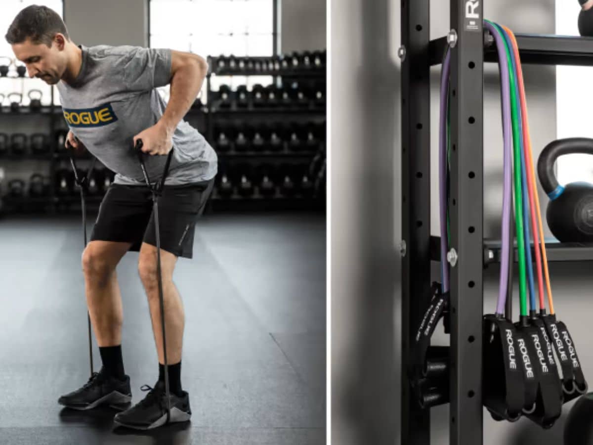 The complete set of Rogue Resistance Tube Bands, displaying all six color-coded resistance levels from 10 lbs to 60 lbs with their textured grip handles.