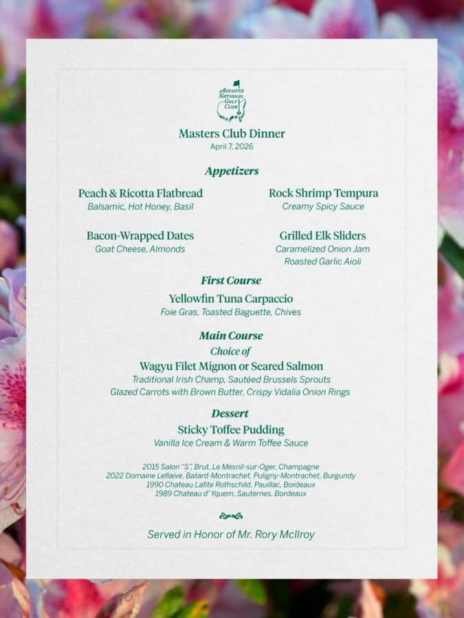 Rory mcilroy’s champions dinner menu