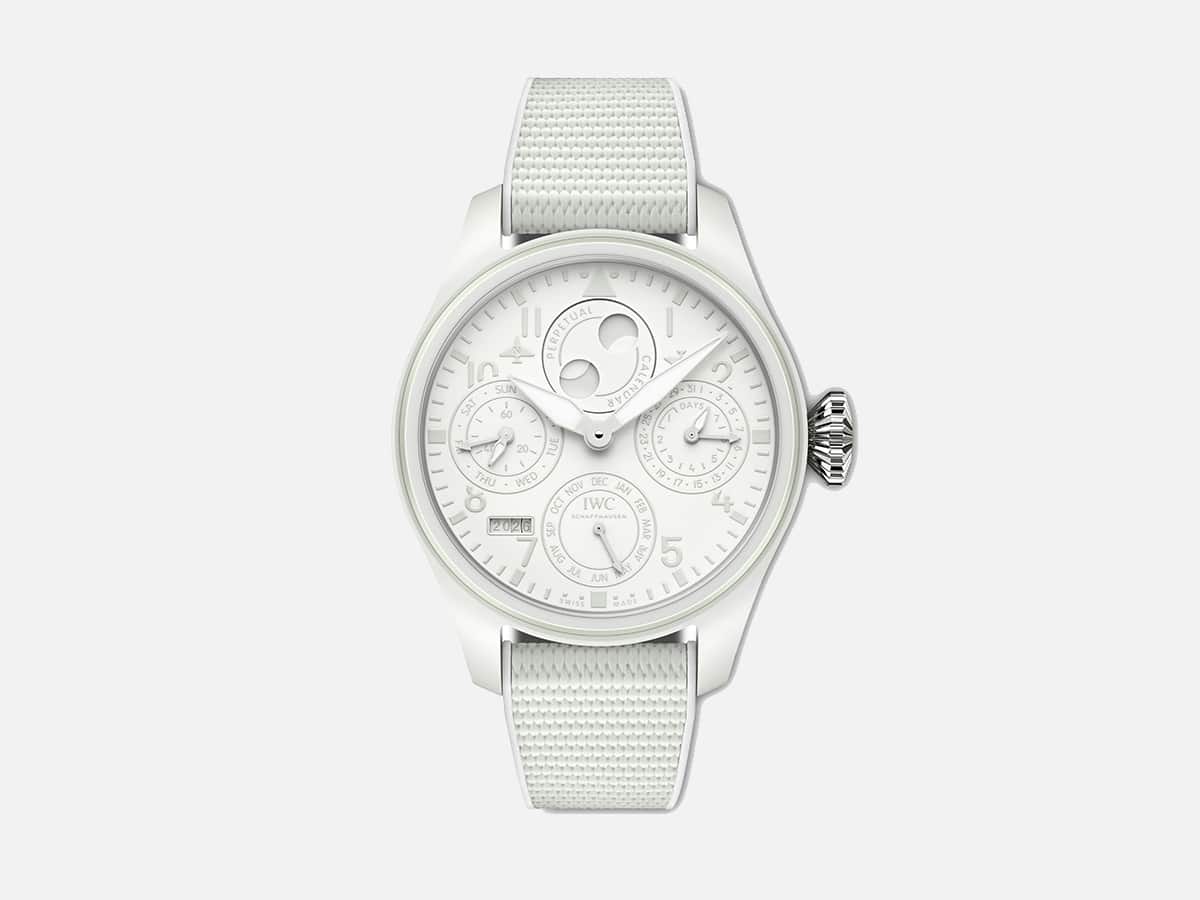 Big pilot’s watch perpetual calendar ceralume on grey background