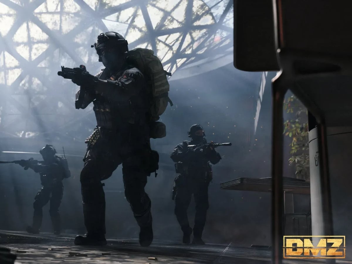 Tactical combat scene showing a PvP squad hunt utilizing proximity chat and the player-driven Bounty System in DMZ