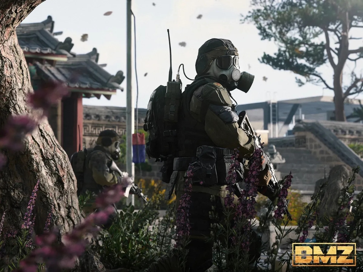 A squad of soldiers navigating a rainy, dynamic weather environment in the Call of Duty Modern Warfare 4 DMZ map