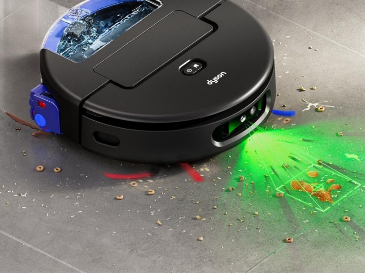 The Dyson Spot+Scrub Ai wet and dry robot vacuum cleaner docked in its bagless cyclonic self-emptying base station