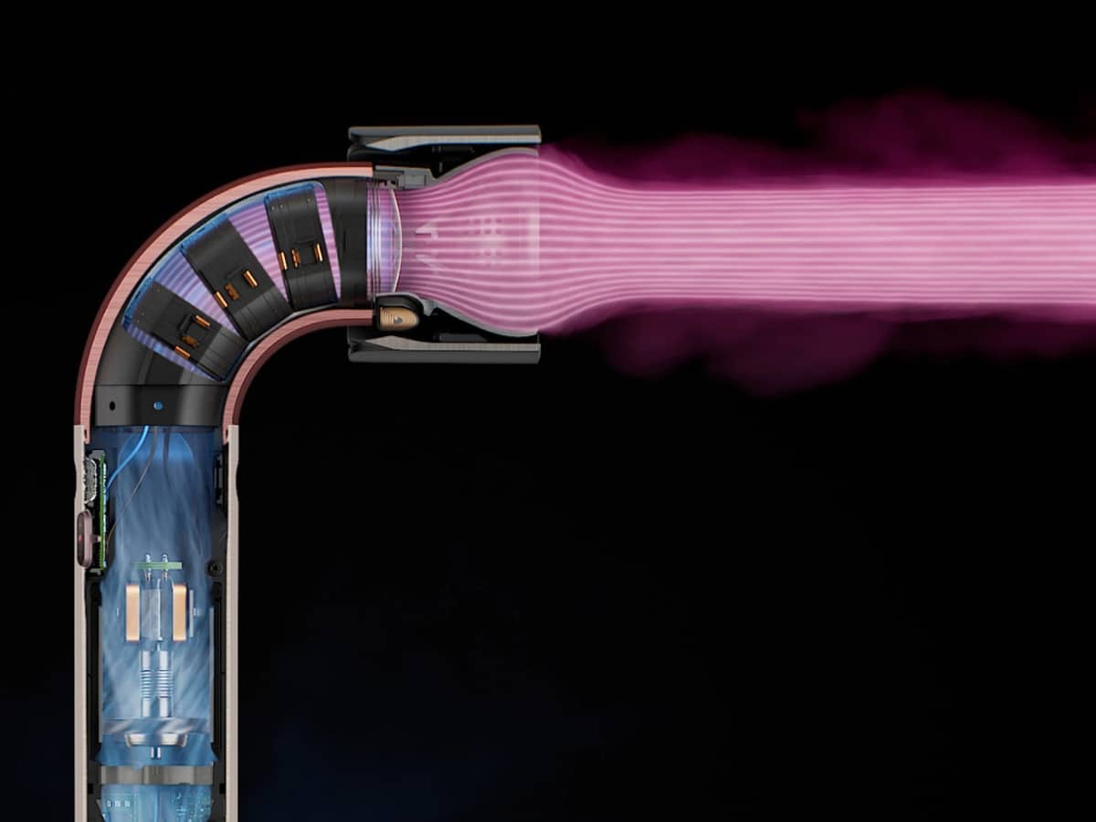 Technical cross-section diagram showcasing the airflow path through the ergonomic curves of the Dyson Supersonic r hair dryer
