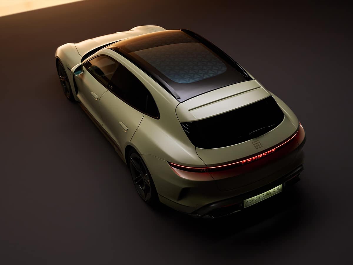 Porsche taycan sport turismo soho house rear three quarter