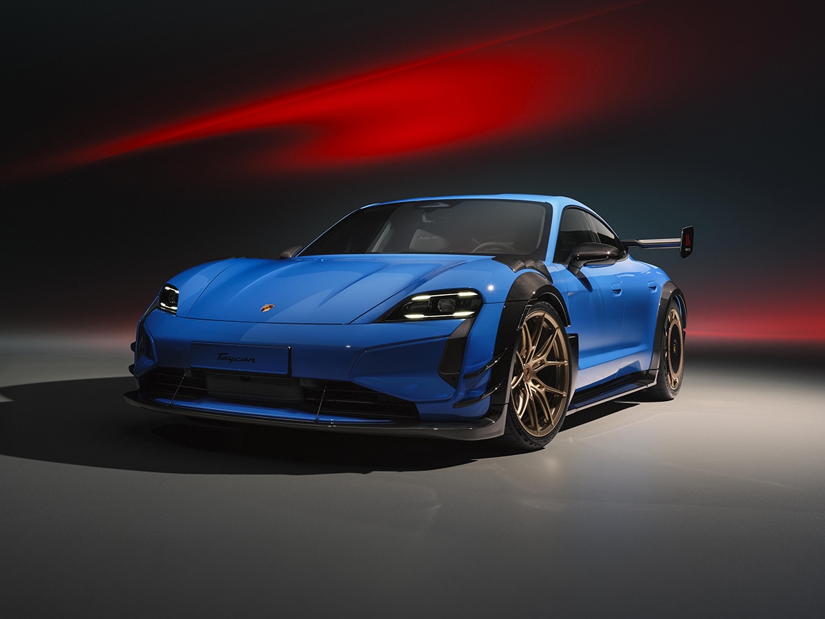 Porsche taycan with weissach front three quarter