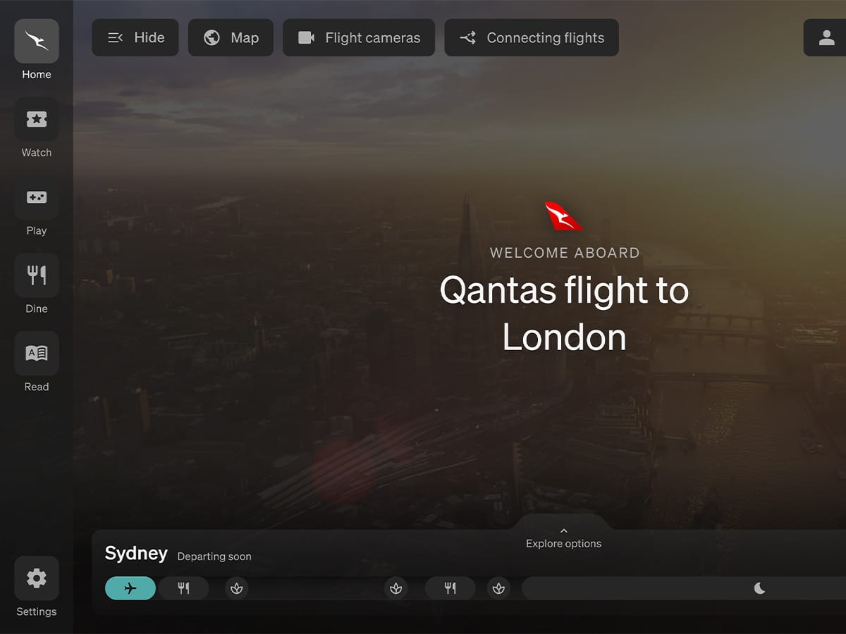 Qantas a350 ulr project sunrise 0023 home - first view menu open