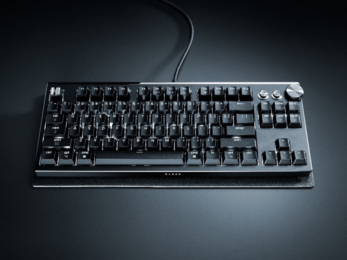Top down view of the Razer Huntsman Signature Edition premium gaming keyboard on a desk setup.