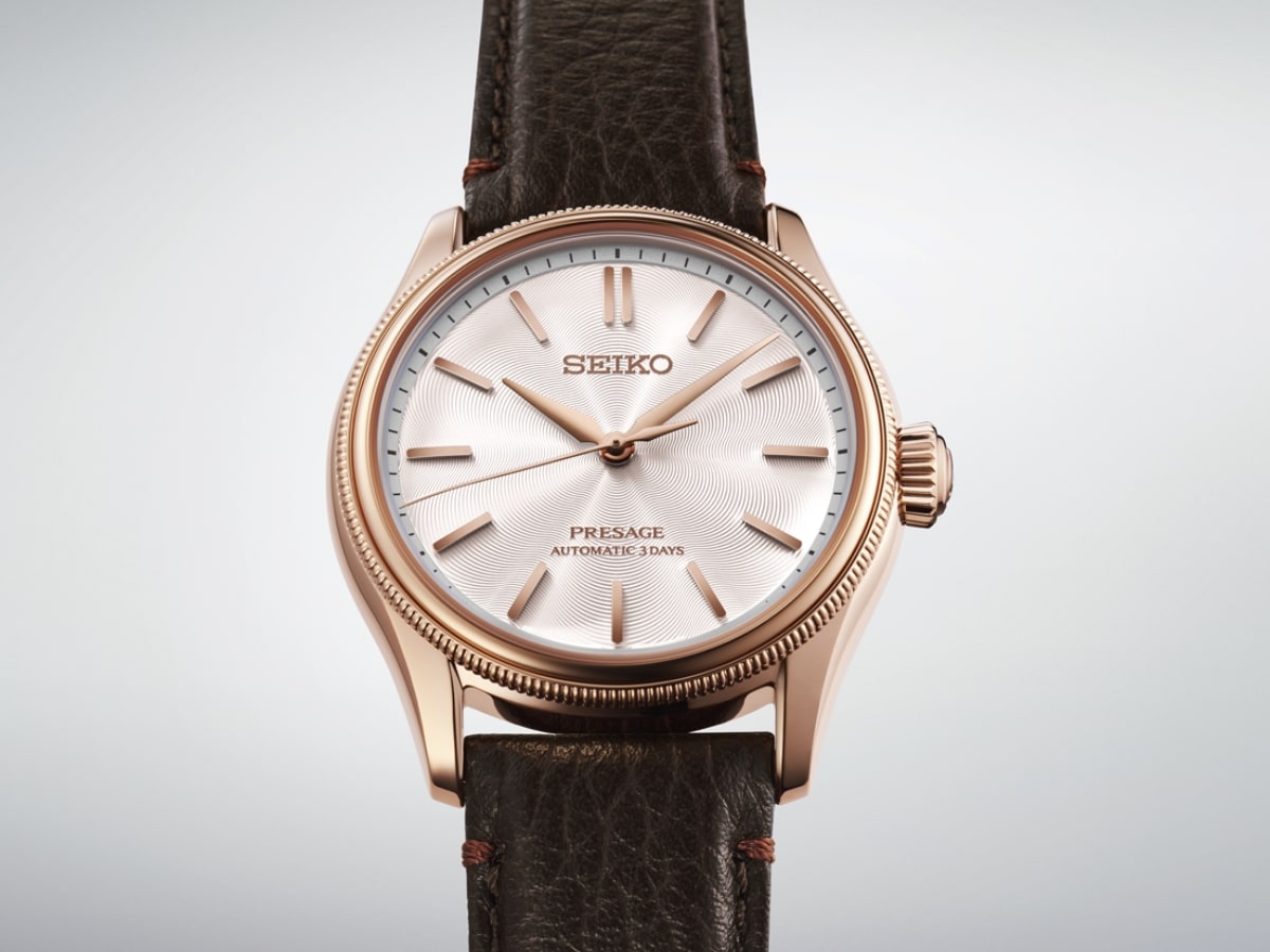 Close-up of the textured white dial on the Seiko Presage Classic Series