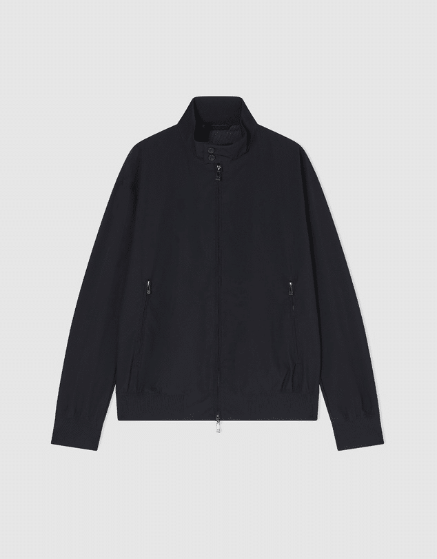 Armani Exchange men's black stretch fabric blouson jacket with a minimalist stand-collar for a smart-casual office style.