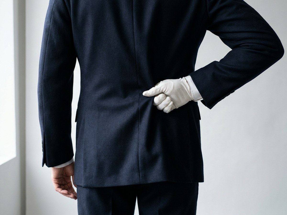 Tailor assessing the fit at the back of a navy suit jacket that is too big through the body