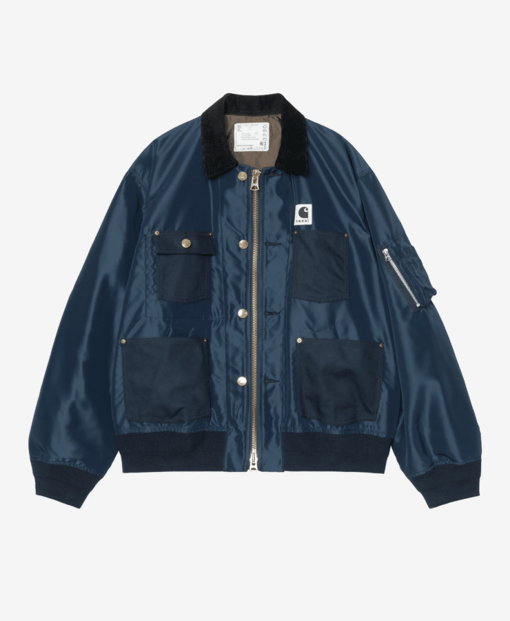 The Carhartt WIP x sacai collaborative suiting duck blouson jacket in blue nylon-twill and organic canvas.