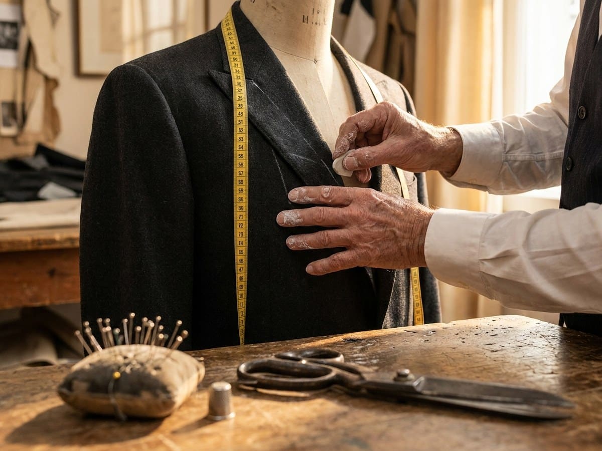 Tailor chalk-marking a charcoal suit jacket on a dress form with a measuring tape, pins and shears