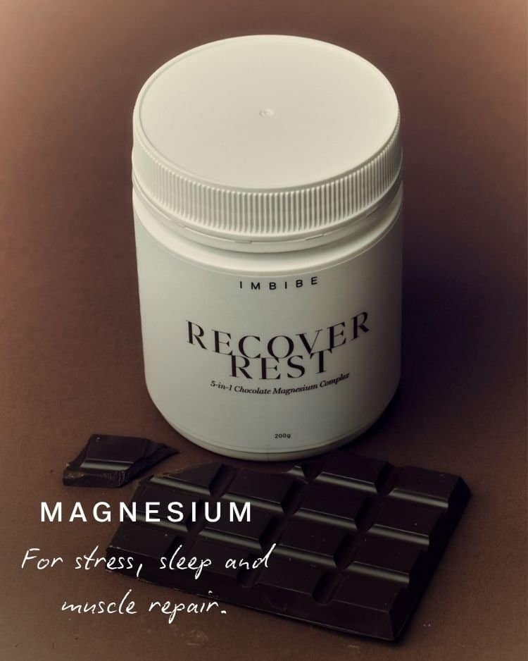 IMBIBE RECOVER REST tub with text reading magnesium for stress, sleep and muscle repair