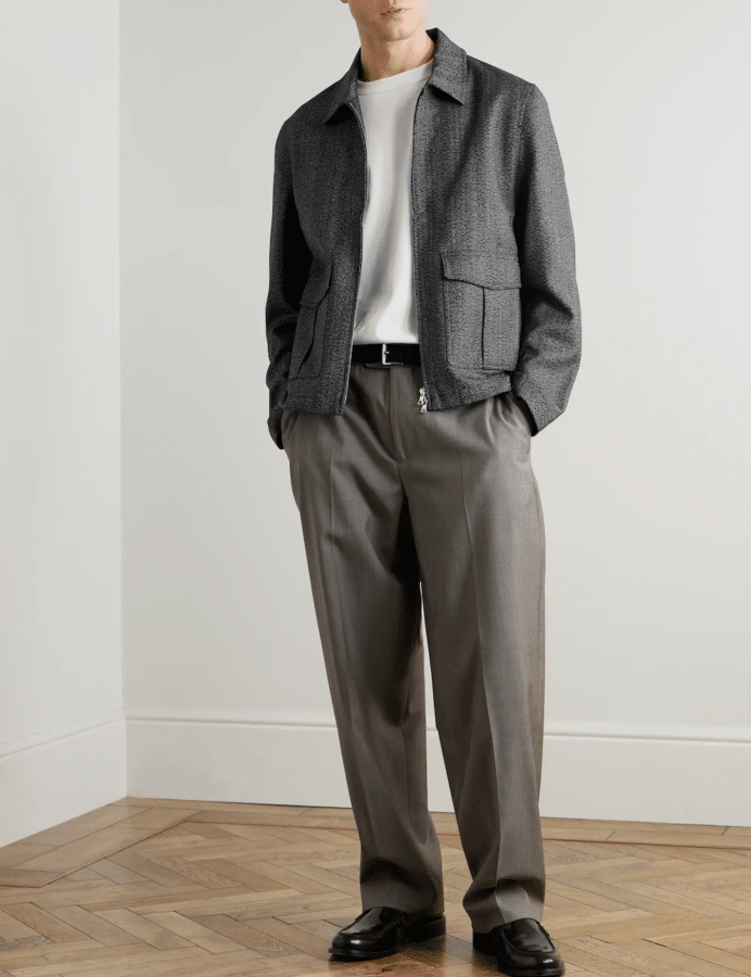 Mr P. grey and black wool-herringbone blouson jacket styled effortlessly for winter menswear.