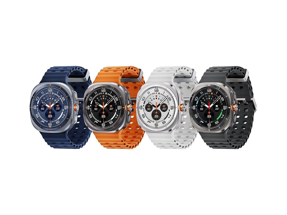 Samsung Galaxy Watch Ultra in blue, orange, white and grey colourways