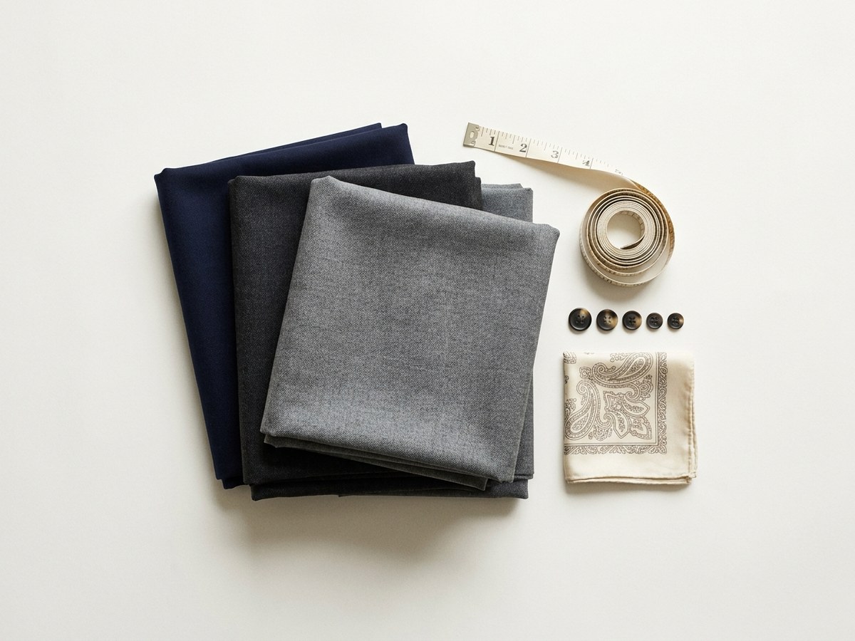 Folded navy, charcoal and grey wool suiting fabrics with horn buttons, a tape measure and a pocket square