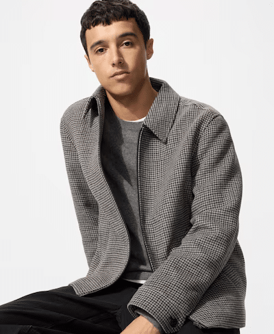 Uniqlo men's blouson jacket featuring a subtle retro micro-houndstooth print for an affordable tailored workwear option.